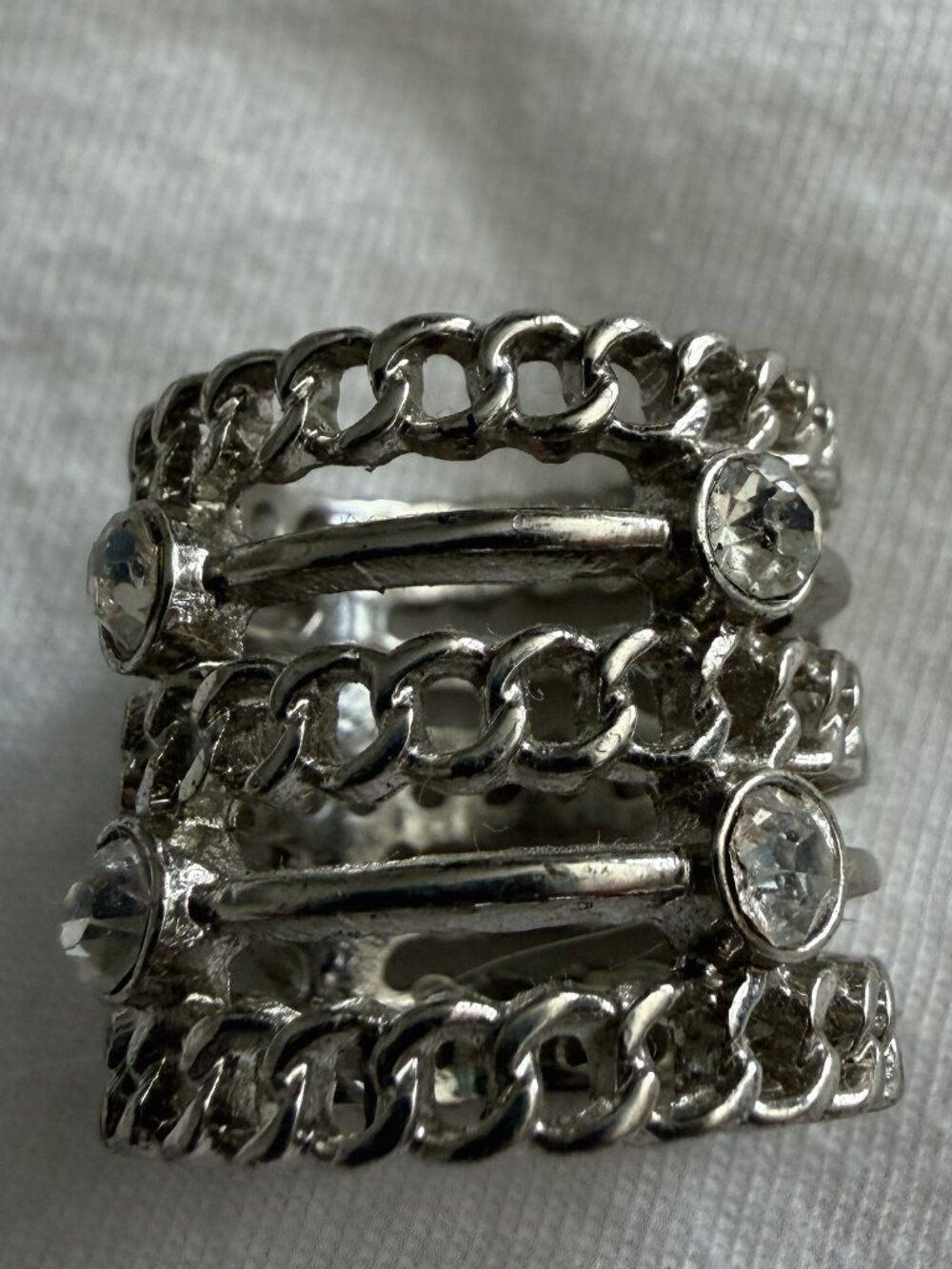 Silver Tone Rhinestone Chain Link Wide Stretch Statement Ring